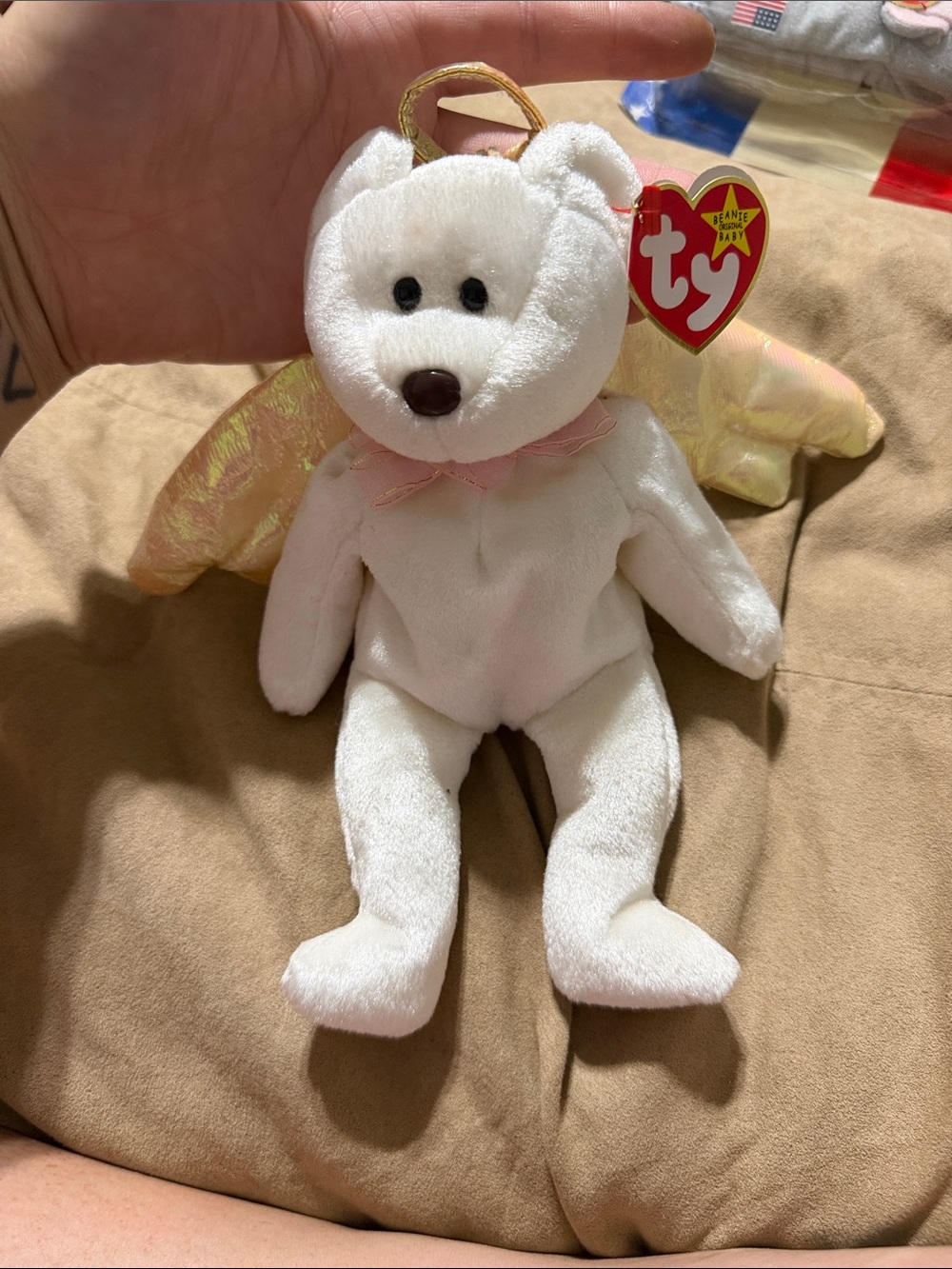 Ty White Angel Bear Plush with Gold Iridescent Wings and Pink Bow